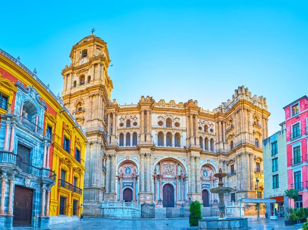 Plaza Obispo Meydanı 'nın muhteşem enkarnasyon katedrali, eski çeşme ve Piskopos Sarayı cephesi, Malaga, İspanya