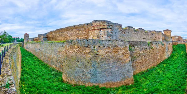Panoramic View Outer Walls Towers Deep Dug Moat Historic Akkerman — Stock Photo, Image