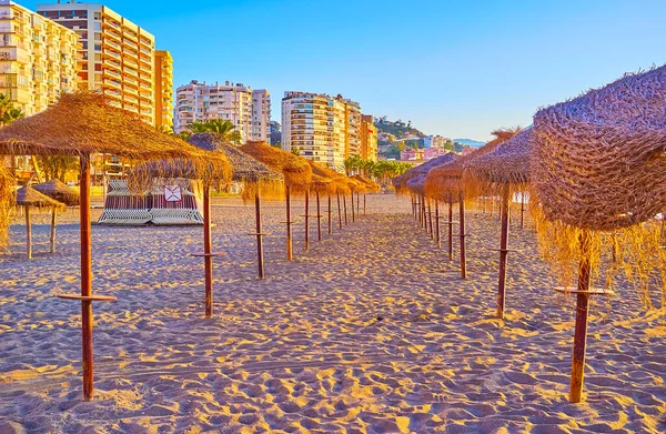 Playa Malagueta Con Hileras Sombrillas Paja Que Extienden Largo Playa —  Fotos de Stock