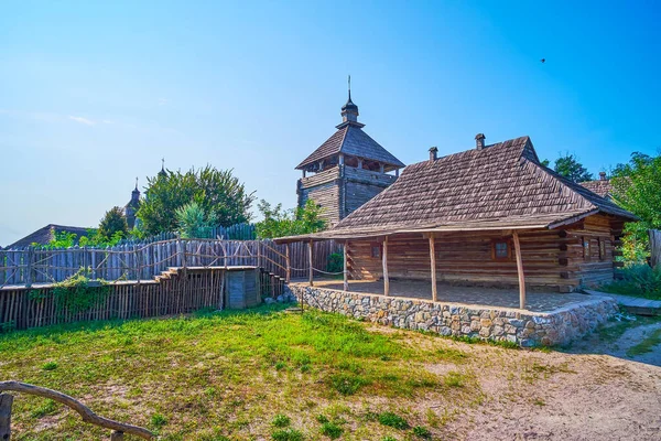 Zaporozhian Sich Fortified Settlement Cossacks Log Houses Surrounding Stockade High — Stock Photo, Image