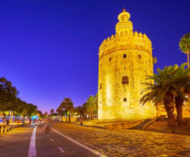 Cristobal Colon Caddesi 'nde yetişen yeşil palmiye ağaçları Ortaçağ Torre del Oro Kulesi' ni çevrelemektedir.