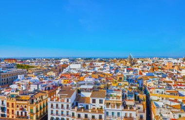 İspanya, Seville Katedrali 'nin Giralda çan kulesinden Casco Antiguo' nun eski renkli çatıları.