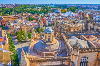 Giralda manzarasının tadını çıkarın. Yeşillik yeşil parklar, eski çatılar, Alcazar surları ve İspanya 'nın Sevilla Katedrali' nin kubbesi manzaralı.