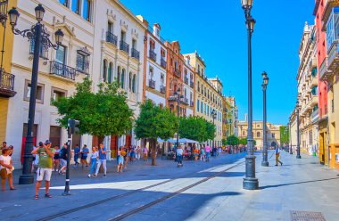 SEVILLE, SPAIN - 2 Ekim 2019: Anayasa Bulvarı 'ndaki tarihi konutlar boyunca uzanan yeşil portakal ağaçları, 2 Ekim' de Seville 'de