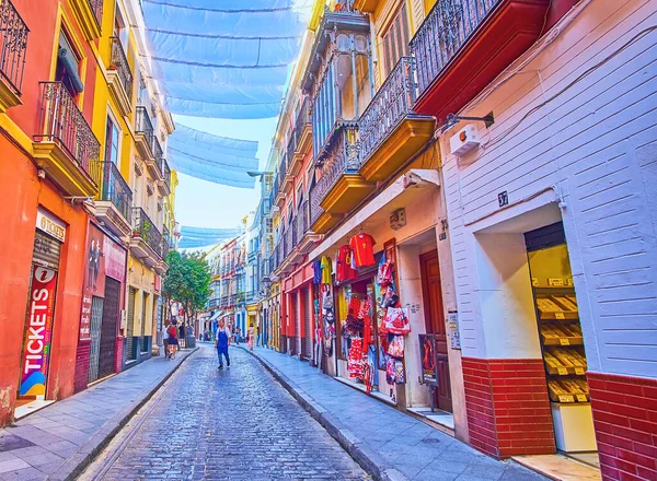 Seville Espanha Sept 2019 Linhas Edifícios Vintage Com Lojas Cafés — Fotografia de Stock