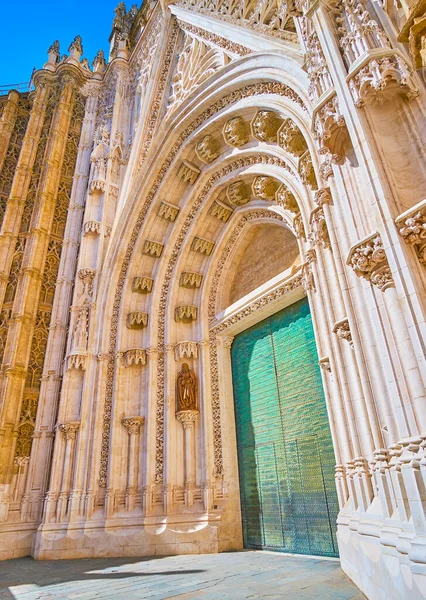 Den Utsmyckade Gotiska Prinsens Port Puerta Del Principe Sevillas Katedral — Stockfoto