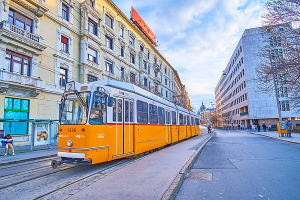 Budapest Hungary Feb 2022 Bright Yellow Vintage Tram Its Terminal — Stock Photo, Image