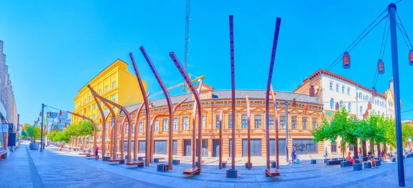 Dnipro Ucrânia Agosto 2021 Korolenko Street Panorama Com Instalação Moderna — Fotografia de Stock