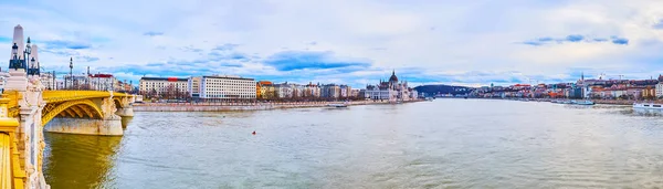 Panorama Danube River Pest District Embankment Parliament Scenic Vintage Margaret —  Fotos de Stock