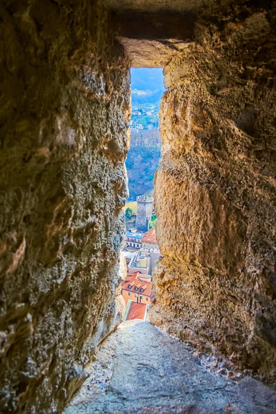 View Arrowslit Tower Medieval Castelgrande Fortress Bellinzona Switzerland — Stock Photo, Image