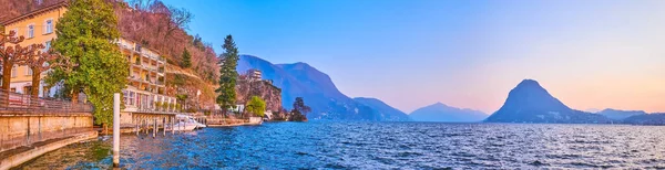 Panorama Lugano Lake Med Bergskedja Bakgrunden Lugano Schweiz — Stockfoto