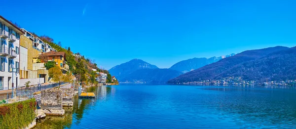 欣赏卢加诺湖的全景 周围环绕着卢加诺普雷普斯山脉和瑞士莫科特的历史建筑 — 图库照片