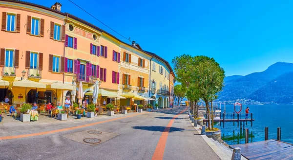 Panorama Lake Lugano Embankment Green Trees Flower Beds Colorful Houses — стокове фото