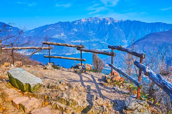 Wooden Barriers Monte Arbostora Viewing Terrace Observing Lake Lugano Lugano — Foto Stock