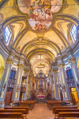 The colorful interior of the main hall of the Church of St Francesco of Paola, Milan, Italy