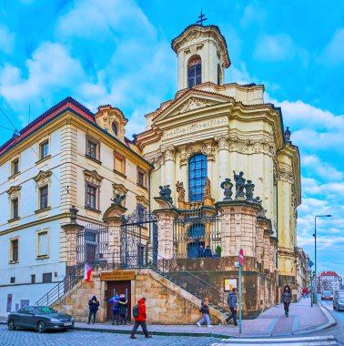 PRAGUE, CZECH REPUBLIC - MARCH 5, 2022: Orthodox St Cyril and St Methodius Cathedral facade with columns and moulding, Resslova Street, New Town, on March 5 in Prague