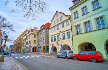 PRAGUE, CZECH REPUBLIC - MARCH 5, 2022: The line of medieval houses, located on Uhelny Trh (Coal Market Square) of Stare Mesto (Old Town), on March 5 in Prague