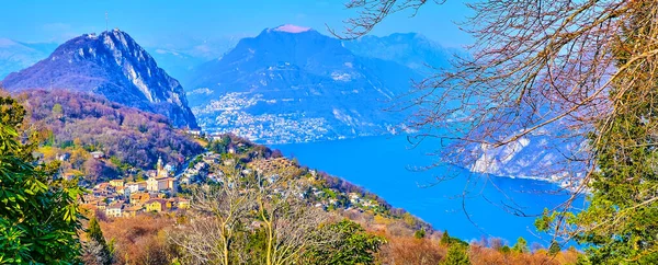 Panoramic View Lake Lugano Monte San Salvatore Monte Bre Monte — стоковое фото