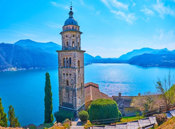 Picturesque Lugano Lake Surrounded Alps Tall Bell Towr Santa Maria — стоковое фото