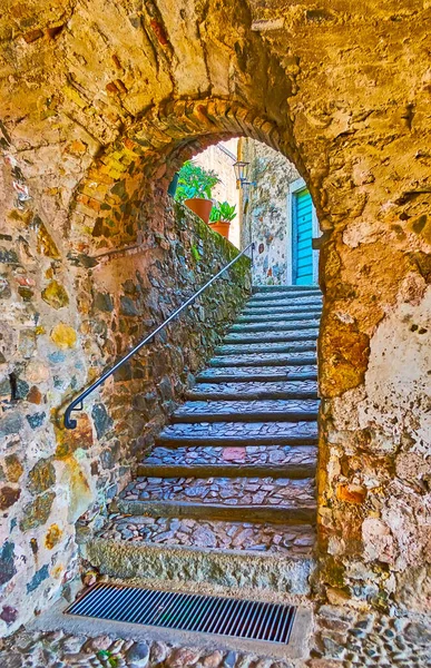 Passagem Antiga Estreita Sob Casa Pedra Medieval Morcote Suíça — Fotografia de Stock