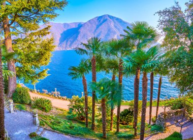 Lugano Gölü kıyısındaki Villa Heleneum Parkı Panorama, İsviçre