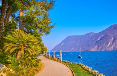 Lugano Gölü kıyısındaki sokak ve İsviçre 'nin Lugano şehrindeki Heleneum Parkı' nın yeşilliği.