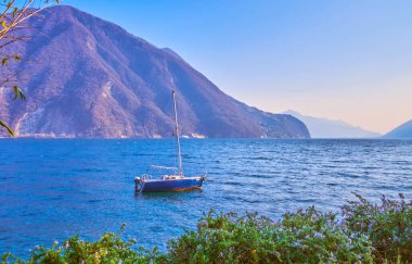 Lugano Gölü kıyısındaki mavi yatın manzarası Villa Helemeun parkında çiçek açan biberiye çalıları, Lugano, İsviçre