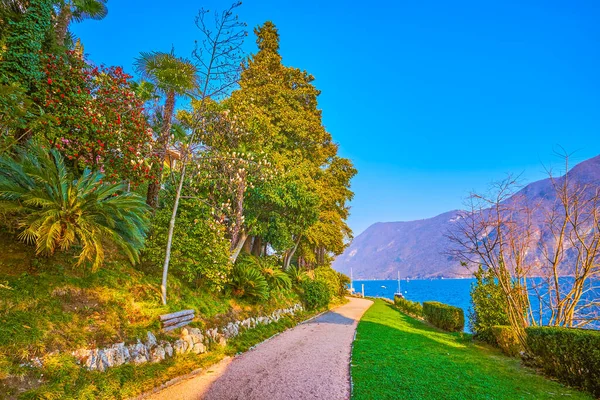 İsviçre, Lugano 'daki Villa Heleneum parkının yeşillikleri arasında hoş bir yürüyüş.