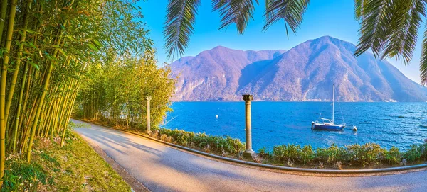 Panorama Břehu Jezera Lugano Horami Alpách Autstanding Villa Heleneum Park — Stock fotografie