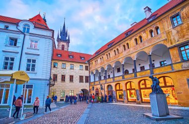PRAGUE, CZECH REPUBLIC - MARCH 5, 2022: Exterior of medieval Granovsky Palace, covered with sgraffito decoration, located in Tyn Yard (Tynsky Dvur), on March 5 in Prague