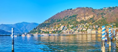 Mafalda di Savoia seti manzaralı Como Gölü Panoraması yamaçlarında ormanları ve evleri olan Monte Boletto manzaralı Como, Lombardy, İtalya