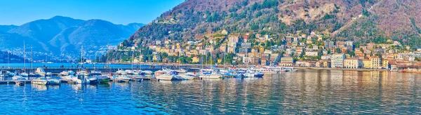 Panorama Picturesque Lake Como Boats Moored Pier Monte Boletto Its — Stock Photo, Image