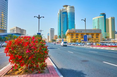 DUBAI, BAE - 1 Mart 2020: Deira ilçesindeki Baniyas Yolu 'nda yetişen renkli bougainvillea çalısı, Dubai' de 1 Mart 'ta Dubai Creek Kulesi ve modern binalar manzaralı