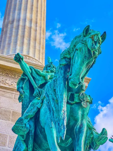 The equestrian statue of one of Hungarian leader (chieftain), mounted on the stone base of the column on Heroes\' Square of Budapest, Hungary