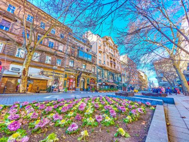 BUDAPEST, HUNGARY - 23 Şubat 2022: Budapeşte, Macaristan 'da 23 Şubat' ta Budapeşte, Macaristan 'da büyük amont tiyatroları ve müzeleri nedeniyle Budapeşte' nin en ünlü kültürel caddelerinden biri olan Nagymezo caddesi boyunca yürü