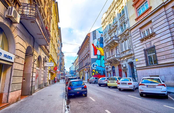 Budapest Hungary February 2022 Old Narrow Streets Colorful Murals Visit — Stock Photo, Image