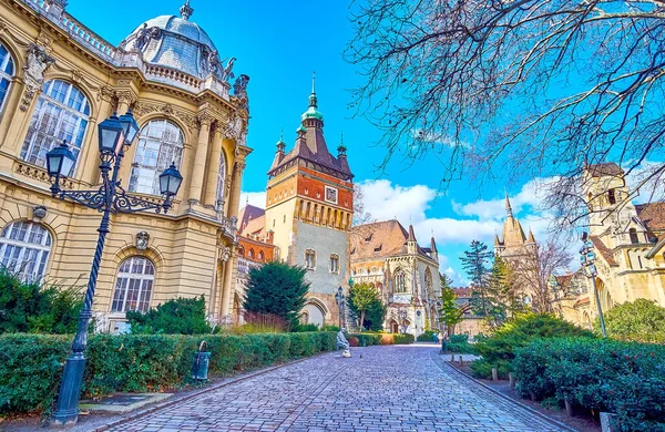 Walk Outstanding Vajdahunyad Castle Enjoying Pleasant Sunny Spring Day Budapest — Stock Photo, Image