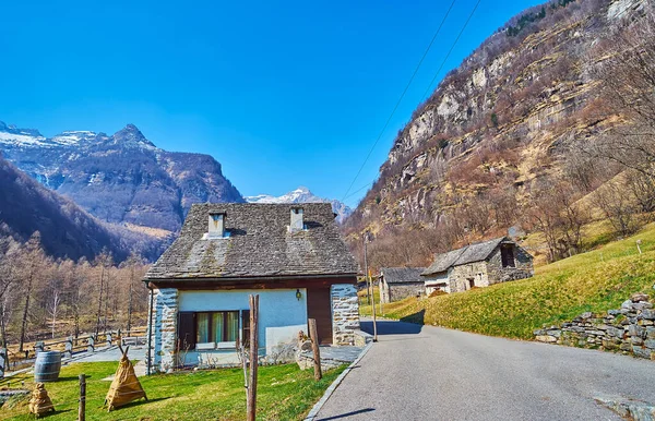 Beautiful Mountain Landscape Small Stone Houses Green Lawn Foreground Sonogno — Stock Photo, Image