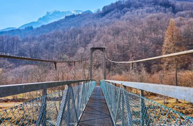 Valle Verzasca, Frasco, İsviçre 'deki dağ ormanları manzaralı asma köprüde yürü