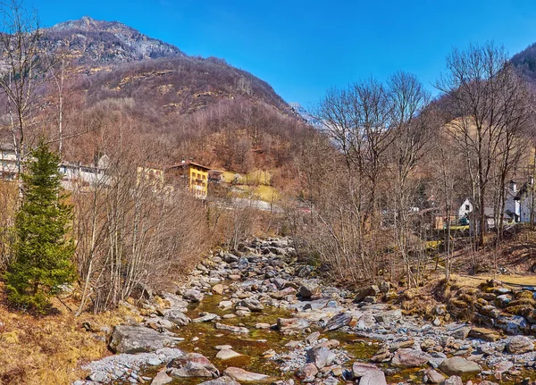 森と山に囲まれた岩の底を眺めながら流れるリアーレ エフラ川 フラスコ ヴァレ ヴェルザスカ スイス — ストック写真