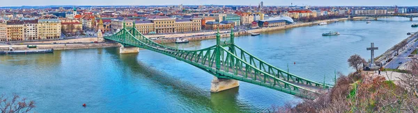 Panorama Van Donau Met Art Nouveau Groene Metalen Liberty Bridge — Stockfoto