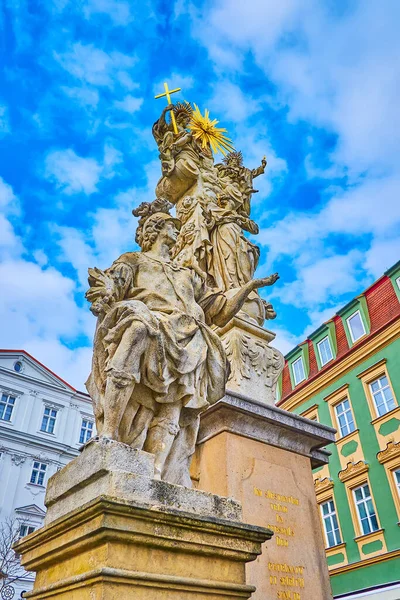The stone Holy Trinity Column on Zelny Trh (Cabbage Market Square) in Brno, Czech Republic