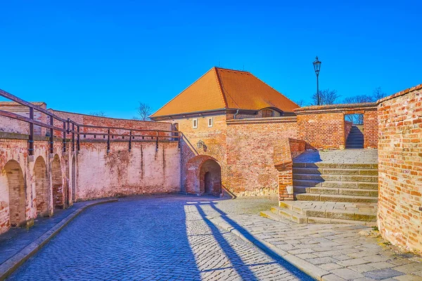 Paseo Entre Construcciones Medievales Edificios Muros Exteriores Ciudadela Spilberk Brno —  Fotos de Stock