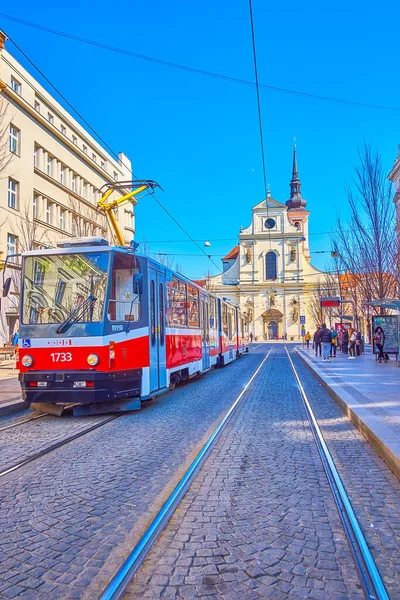 Brno Tsjechië Maart 2022 Vintage Tram Rijdt Langs Jostova Straat — Stockfoto