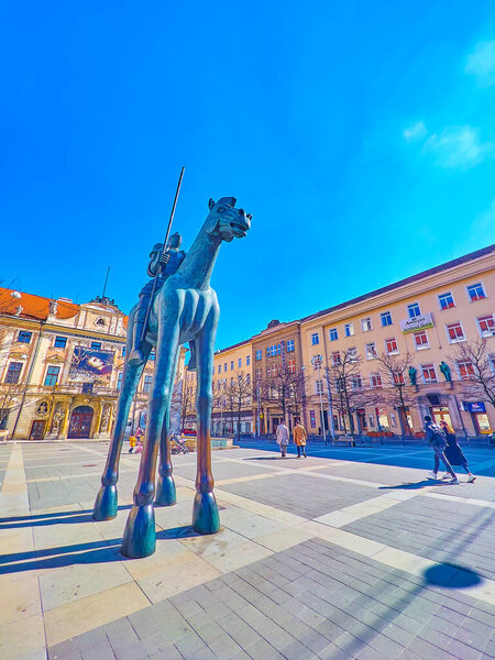 BRNO, CZECH REPUBLIC - MARCH 10, 2022: The modern sculpture called Courage, depicting equestrian medieval knight, by Jaroslav Rona, on March 10, Brno, Czech Republic