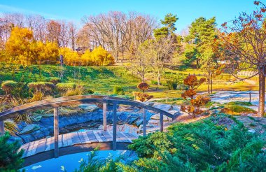 Japon Rodzi Çay Bahçesi 'ndeki küçük tahta köprü, Kyiv Botanik Bahçesi, Ukrayna