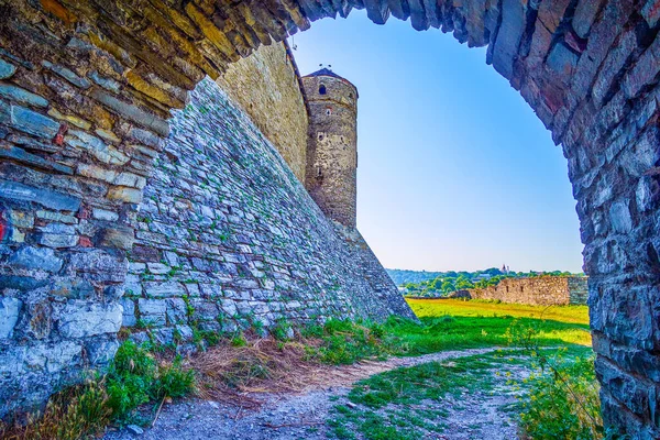 Walk Massive Medieval Stone Arch Backside Kamianets Podilskyi Castle Ukraine — Stock Photo, Image