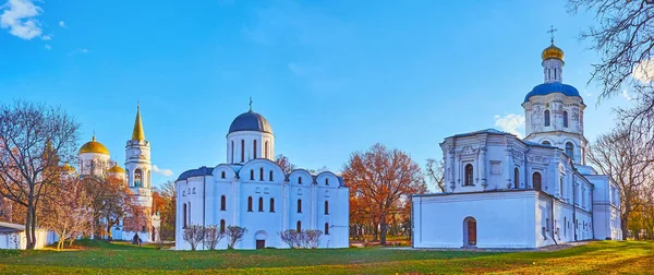 Chernihiv Dytynets 'in güzel sonbahar parkı (Chernigov Kalesi) ortaçağ Chernihiv Collegium ve Dönüşüm Katedralleri ve Borys ve Hlib, Chernihiv, Ukrayna