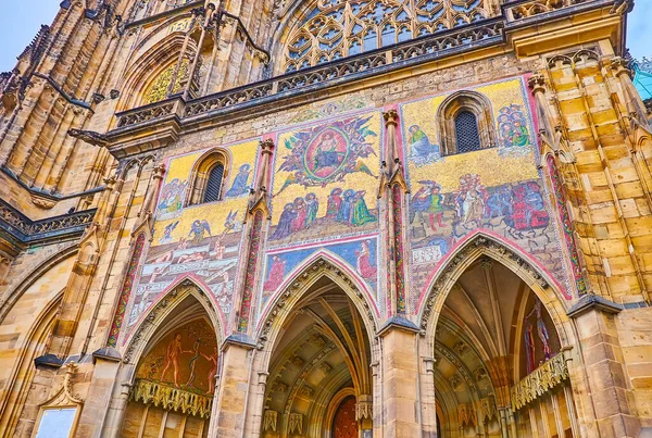 Medieval Mosaic Last Judgment Golden Gate Gothic Vitus Cathedral Prague — 스톡 사진
