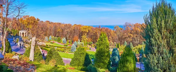 Bright Red Yellow Green Colors Ornamental Autumn Park Located Slope — Stok fotoğraf